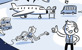 Illustrator Hamburg - Illustration Strategiebild für Flughafen Hamburg Airport Illustration Beispiel Wimmelbild: Arbeiten am Flughafen Hamburg Airport