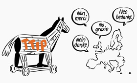 Illustrator Hamburg - Illustration erklärvideo attac whiteboard stil Comic Illustration Beispiel: trojanisches Pferd vor Europakarte