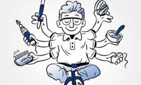 Illustrator Hamburg - Illustration Postkartenmotive für DMG Hamburg Dental Comic Illustration Portfolio Beispiel: Mann mit Zahnarztwerkzeugen