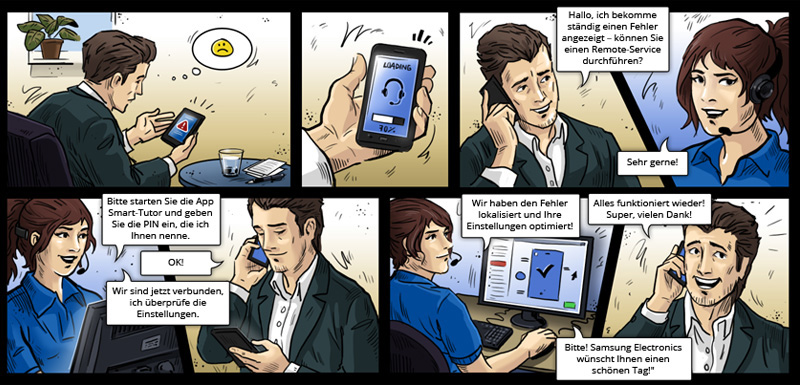 Unternehmens comic realistisch gezeichnet: mann und frau unterhalten sich kunde ruft service hotline an